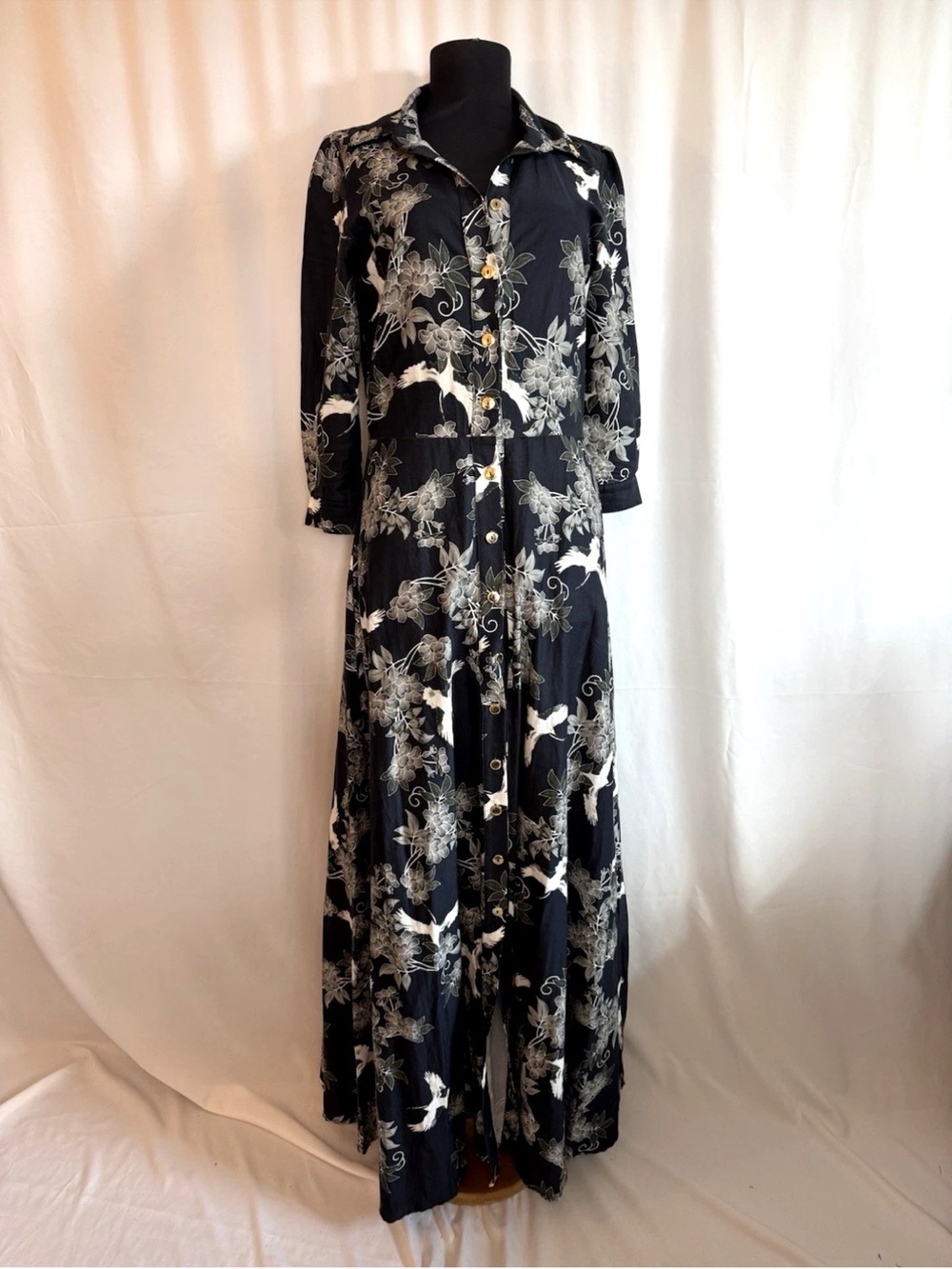 Thais Rodrigues Black Floral And Crane Maxi Shirt Dress - Size Small